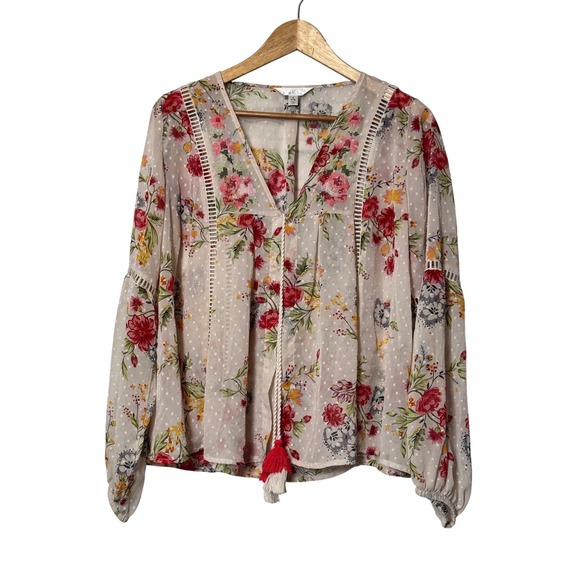 Time and Tru Tops - Time and Tru Floral Embroidered V Neck Tassel Blouse Women Size S
